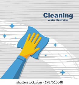 Cleaning wooden surface home or office. Pollution prevention. Napkin in hands. Protective rubber gloves. Hygiene home. Vector flat design. 