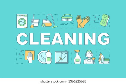 Cleaning word concepts banner. Maid service. Housekeeping. Dry, steam cleanup. Home maintenance. Presentation, website. Isolated lettering typography idea, linear icons. Vector outline illustration
