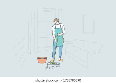 Cleaning, work, occupation, home concept. Happy young man guy cartoon character household wears apron washing floor with mopping stick and bucket in living room apartment. Domestic chore illustration.