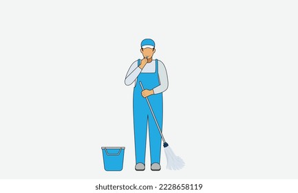 Limpieza, trabajo, ocupación, concepto de casa. Feliz hombre joven personaje de caricatura, el hogar usa un lavabo de pileta con un palo de corte y un cubo en el apartamento de la sala de estar. Ilustración del trabajo doméstico.