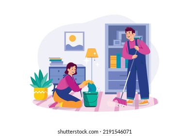 Cleaning worker with bucket and broom