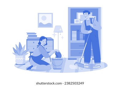 Cleaning Worker With Bucket And Broom