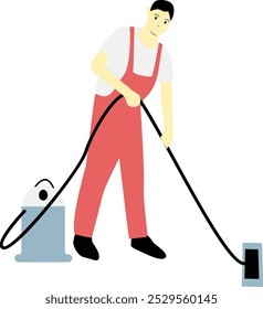 Personaje de dibujos animados de trabajador de limpieza aislado sobre fondo blanco. Ilustración vectorial
