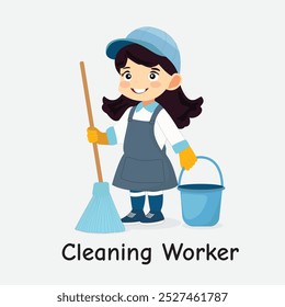 Cleaning Worker Cartoon Illustration for Kids - Fun and Educational Art on Cleaning Jobs - Ideal for Posters, Flashcards, and T-Shirts