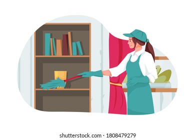 El trabajador de limpieza limpia la oficina con un cepillo de plumas. Concepto de ilustración vectorial.