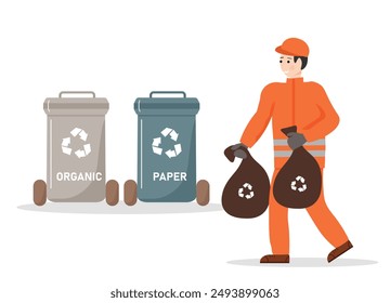 A cleaning worker sorts garbage. Zero waste. Waste sorting. Garbage cans with garbage. Flat style. Vector illustration