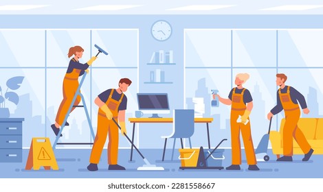 Cleaning workers concept. Men and women in uniform with mop and bucket of cleaning agent in office. Characters dusting, mopping floor and tidying up room. Cartoon flat vector illustration