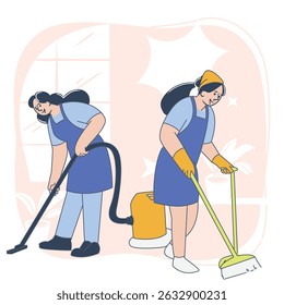 Cleaning Workers Illustration, Housekeeping Service Concept, Flat Cartoon Style