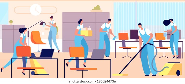 Cleaning workers in office. Cartoon woman clean, professional hygiene service team. Female male cleaners in uniform utter vector illustration