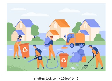 Cleaning workers picking up litter on suburban street, washing road, carrying bag with garbage to trash bin. Vector illustration for cleaner, janitor job, city service concept