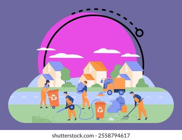 Cleaning workers picking up litter on suburban street, washing road, carrying bag with garbage to trash bin. Vector illustration for cleaner, janitor job, city service concept