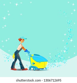 Cleaning. Young smiling man. A cleaner in cleaning clothes from the cleaning team washes the floor with a washer with detergents. Cartoon character on a background with stars and bubbles. Vector image