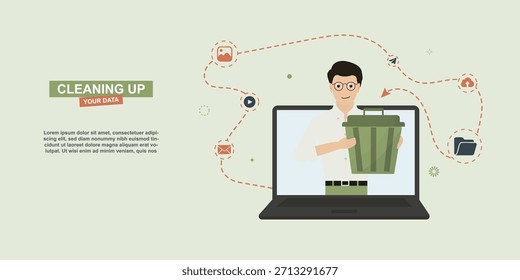 Bereinigen Sie Ihr Datenkampagnenbanner. Mann mit grünem Mülleimer auf Laptop-Bildschirm und verbundenen Datei-Icons, ideal für digitale Hygiene und Cybersicherheit Kampagnen. Flacher Stil. Vektorgrafik
