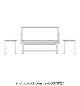 A clean-lined living room set featuring a modern single sofa with open-frame armrests and slightly angled legs. In front of it sits a rectangular coffee table with a lower shelf for storage.