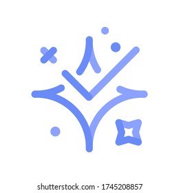 Cleanliness. Blue sparkles with check mark. Clean standard. Cleaning concept. Small icon, vector file.