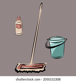 Cleanliness and order in the house, apartment. Equipment and means for cleaning, washing. Household appliances, washing machine, vacuum cleaner, bucket. Isolated vector objects.