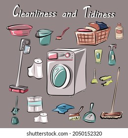 Cleanliness and order in the house, apartment. Equipment and means for cleaning, washing. Household appliances, washing machine, vacuum cleaner, bucket. Isolated vector objects.