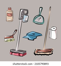 Cleanliness and order in the house, apartment. Equipment and means for cleaning, washing. Household appliances, washing machine, vacuum cleaner, bucket. Isolated vector objects.