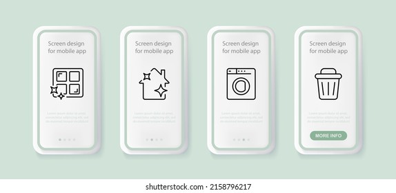 Cleanliness set icon. Washing windows, order in the house, washing machine, trash can. Spring-cleaning concept. UI phone app screens with people. Vector line icon for Business and Advertising