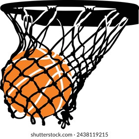 Cleanly drawn basketball in net.