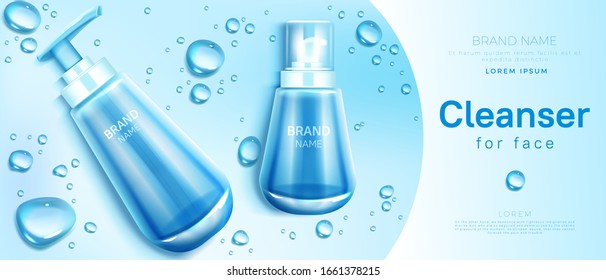 Cleanser for face cosmetics bottle mockup banner. Skin care cosmetic pump tube on blue background with water drops. Facial cleansing product packaging design, promo. Realistic 3d vector illustration