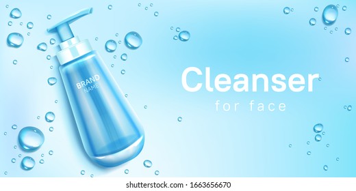 Limpiador para el cartel de maquillaje de botellas de cosmética facial. Tubo de bomba cosmética en el fondo azul con gotas de agua. Diseño de embalaje de productos de limpieza facial, promocional. Ilustración vectorial 3d realista