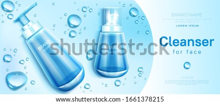 Cleanser for face cosmetics bottle mockup banner. Skin care cosmetic pump tube on blue background with water drops. Facial cleansing product packaging design, promo. Realistic 3d vector illustration