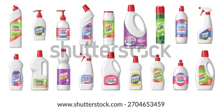 Cleanser, liquid soap bottle and detergent container realistic packages. Vector set of household cleaning product containers and sprays. Disinfectants and air fresheners in different shapes and labels