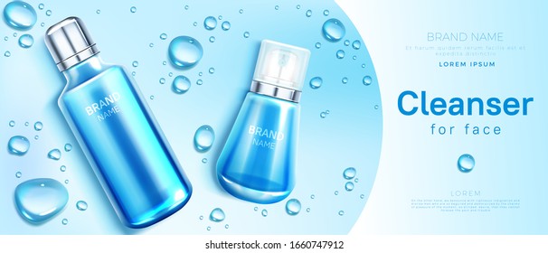 Cleanser, lotion and cream for face cosmetics bottle realistic vector banner. Skin care cosmetic pump tube on blue background with water drops. Facial skin care product packaging design, promo mockup