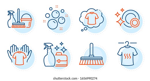 Cleanser spray, Clean bubbles and Clean dishes signs. T-shirt, Household service and Hold t-shirt line icons set. Cleaning mop symbol. Laundry shirt, Cleaning equipment. Cleaning set. Vector