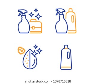 Cleanser spray, Shampoo and spray and Dirty water icons simple set. Shampoo sign. Washing liquid, Washing liquids, Aqua drop. Bath cleanser. Cleaning set. Linear cleanser spray icon. Vector
