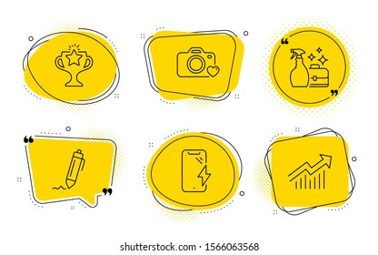 Cleanser spray, Smartphone charging and Demand curve signs. Chat bubbles. Victory, Photo camera and Signature line icons set. Championship prize, Love photos, Written pen. Washing liquid. Vector