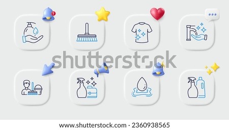 Cleanser spray, Wash hands and Cleaning mop line icons. Buttons with 3d bell, chat speech, cursor. Pack of Clean t-shirt, Shampoo and spray, Cleaning service icon. Vector