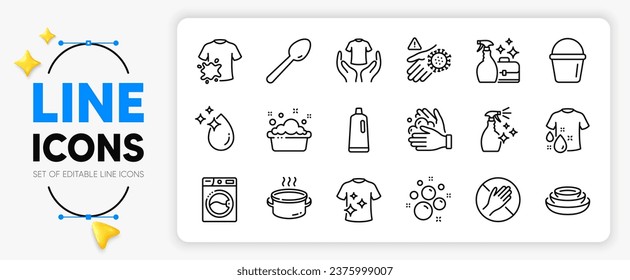 El spray limpiador, las manos lavadas y los iconos de la línea de Shampoo establecidos para la aplicación incluyen Saucepan, Bucket, Wash hand contorno thin icon. Limpiador de lavado, lavadora de manos, icono del pictograma de no tocar. Vector