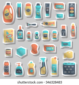 Cleanser and washing line icons set, vector illustration