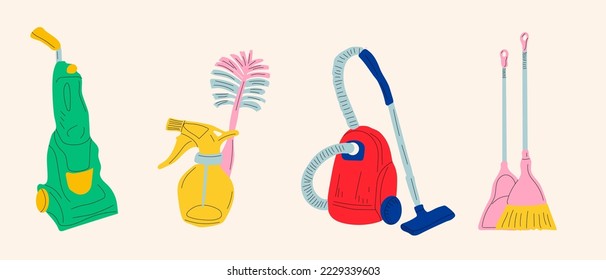 Cleansers and detergent in bottles, house cleaning tools and supplies for housework. Vector isolated design elements
