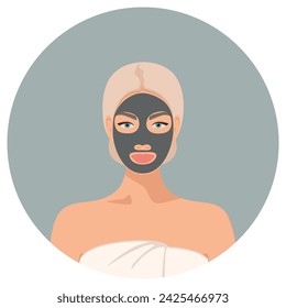 Cleansing black mask on the face of a young beautiful woman with closed eyes. A towel on your head. Cleansing face masks. Isolated vector illustration EPS10