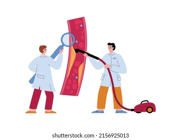 Cleansing blood vessels and veins from cholesterol and blood cells clot, flat cartoon vector illustration isolated on white background. Doctors cleaning blood artery.