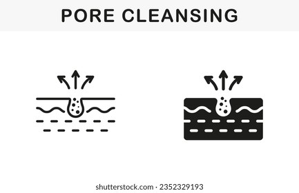 Cleansing Clogged Deep Pore Line and Silhouette Black Icon Set. Unclog Skin Face of Dirty Blackhead and Dust Symbol Collection. Facial Skin Care Pictogram. Isolated Vector Illustration.