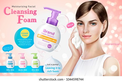 Cleansing foam ads, attractive model with cleansing foam products and bubbles elements in 3d illustration, bokeh glitter pink background