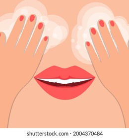 Cleansing foam for the face. Hands rub a foaming cleanser into the skin. Concept: skin cleansing, caring cosmetics, beauty and health. Vector illustration, flat cartoon color design.