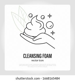 Cleansing foam in hand. Step of skin care. Thin line icon. Vector illustration.