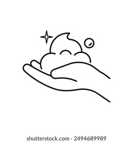 Cleansing foam in hand. Step of skin care. Thin line icon. Vector illustration.