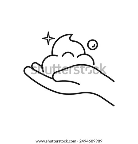 Cleansing foam in hand. Step of skin care. Thin line icon. Vector illustration.