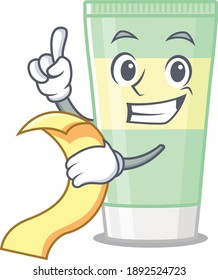 Cleansing foam mascot character style with a menu on his hand