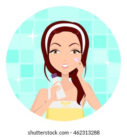 Cleansing. Girl clean her face with lotion. Cleaning with help of sponge. Woman instruction how to make up correctly. Girl cares about her look. Part of series of face care. Vector illustration