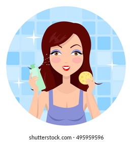 Cleansing. Girl clean her face with lotion. Cleaning with help of sponge. Woman instruction how to make up correctly. Girl cares about her look. Part of series of ladies face care. Vector illustration