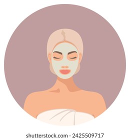 Cleansing mask on the face of a young beautiful woman with closed eyes. Cleansing clay face masks. Isolated vector illustration EPS10