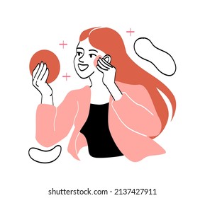 Cleansing and moisturizing face. Girl with help of makeup sponge preens her face. Woman going, character in front of mirror, beauty. Poster or banner for website. Cartoon flat vector illustration