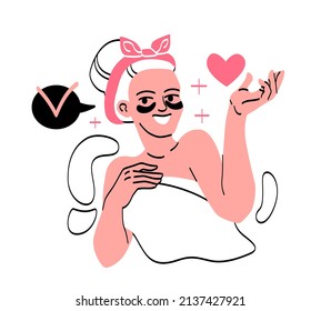 Cleansing and moisturizing face. Girl smiles with patches under her eyes. Getting rid of wrinkles and blackheads, skin care. Cosmetic preparations for home treatments. Cartoon flat vector illustration